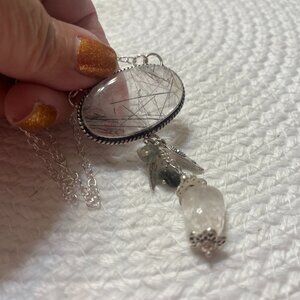Captivating TOURMALINE & WHITE QUARTZ Handmade Sterling 925 Pendant Necklace